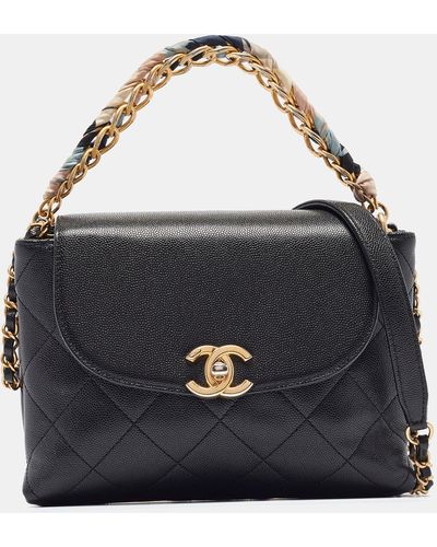 Chanel Quilted Leather Cc Chain Scarf Top Handle Bag - Blue