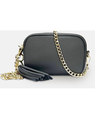 Apatchy London The Mini Tassel Dark Leather Phone Bag With Gold Chain Crossbody Strap - Black