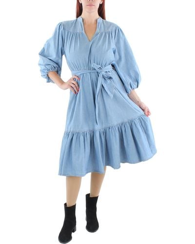 Lauren by Ralph Lauren Chambray Ruffled Midi Dress - Blue