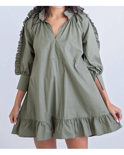 Karlie Solid Poplin Ruffle Sleeve Vneck Dress - Green