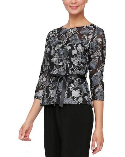 Alex Evenings Petites Embroidered Belted Peplum Top - Black