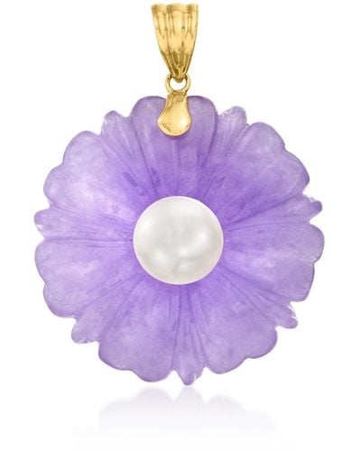 Ross-Simons 9mm Cultured Pearl And Lavender Jade Flower Pendant - Purple