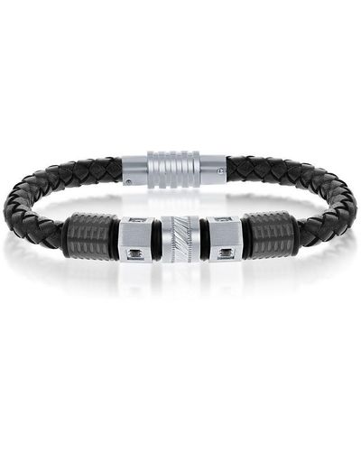 Black Jack Jewelry Black & Silver Stainless Steel W/ Black Cz Genuine Leather Bracelet