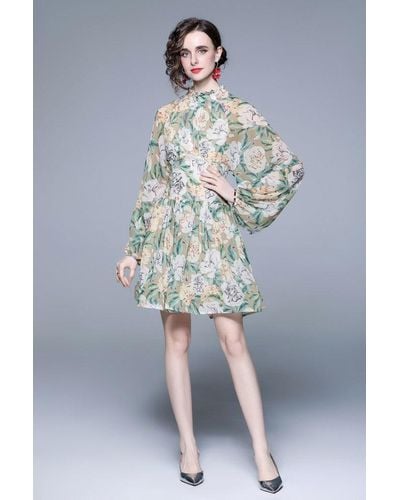 Kaimilan Pale Green & Floral Print Day A-line Long Sleeve Jewel Above Knee Dress - Blue