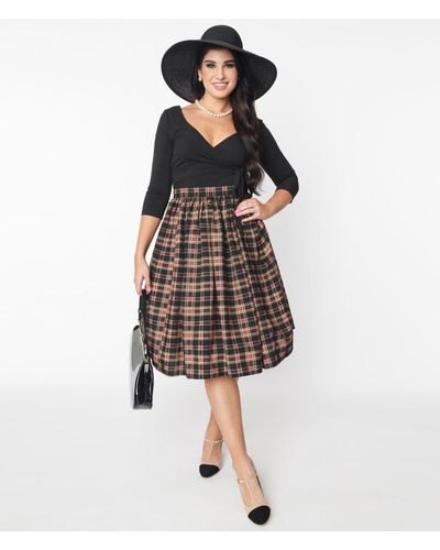 Unique Vintage Black & Burgundy Plaid Gellar Swing Skirt - Multicolor