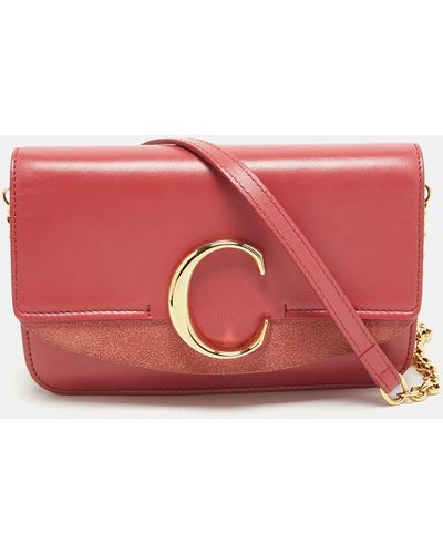 Chloé Leather And Suede C Chain Clutch - Red