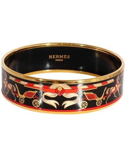 Hermès Plated Black Background Enamel Wide Bracelet With Calache Design (62mm)
