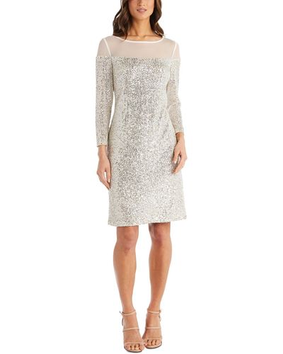 R & M Richards Petites Sequined Illusion Trim Cocktail And Party Dress - Gray