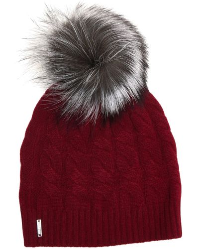 Gorski Cable Knit Cashmere Hat With Fox Fur Pompom - Red