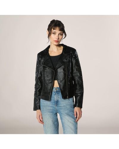 Members Only Faux Leather Studded Biker Jacket - Black
