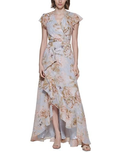Calvin Klein Floral Print Ruffled Evening Dress - Blue
