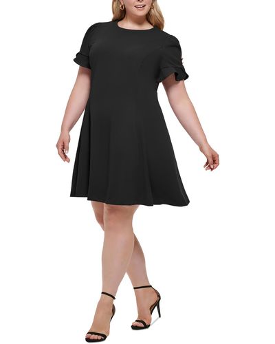 DKNY Plus Embellished Short Sleeve Fit & Flare Dress - Black