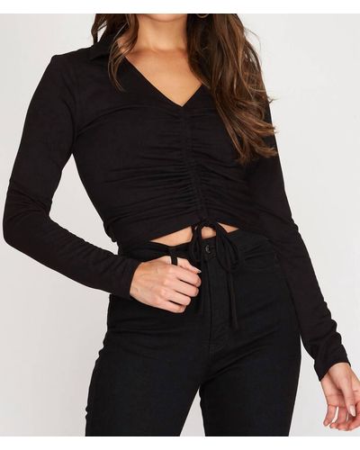 She + Sky Collared Drawstring Front Top - Black
