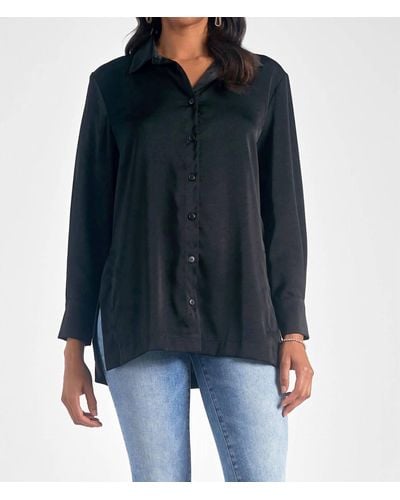 Elan High Side Slit Button Down Shirt - Black