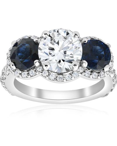 Pompeii3 3 1/2 Ct Sapphire & Diamond Halo 3-stone Engagement Ring - Blue