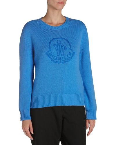 Moncler Ribbed Trim Ribbed Knit Crewneck Sweater - Blue