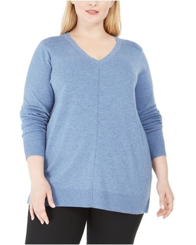 Karen Scott Plus Ribbed Trim V-neck Sweater - Blue