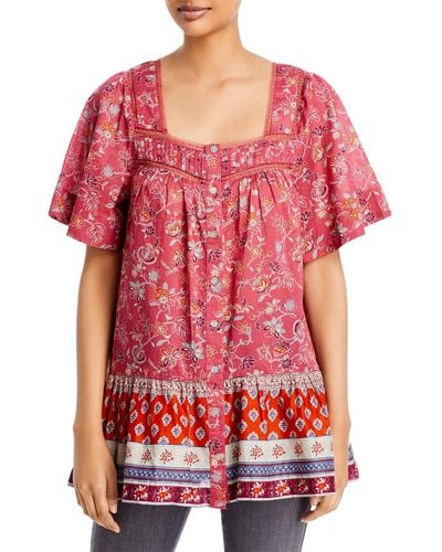 Beach Lunch Lounge Nica Square Neck Printed Button-down Top - Red