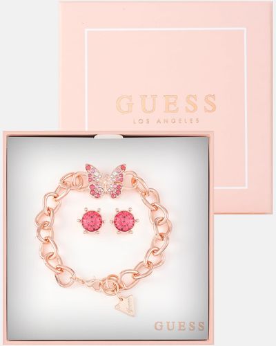 Guess Factory Rose Gold-tone Chain Bracelet And Crystal Earrings Box Set - Pink