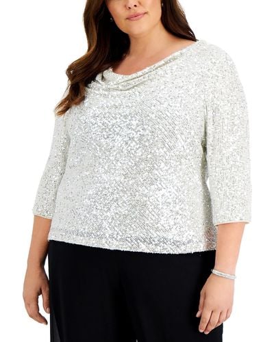 Alex Evenings Plus Sequined Cowlneck Blouse - White