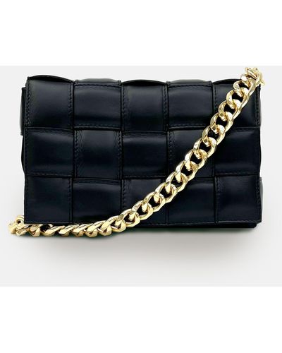 Apatchy London Padded Woven Leather Crossbody Bag With Gold Chain Strap - Black