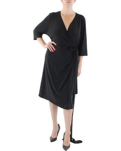 Kiyonna Plus Faux Wrap Calf Midi Dress - Black
