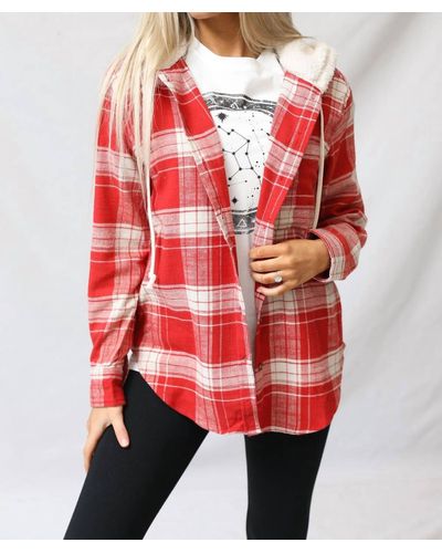 Love Tree Plaid Flannel With Hoodie Top - Red