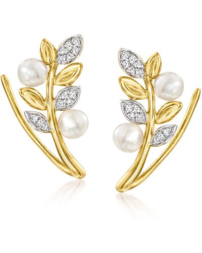 Ross-Simons 3.5-4mm Cultured Pearl Leaf Ear Climbers With Diamond Accents - Metallic