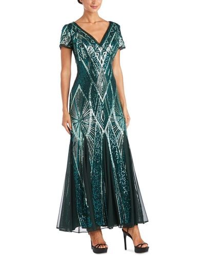 R & M Richards Petites Sequined Long Evening Dress - Green