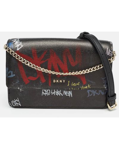 DKNY Leather Graffiti Print Flap Crossbody Bag - Black