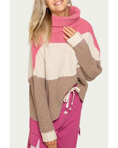 Pol Textured Colorblock Turtleneck Sweater - Pink