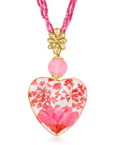 Ross-Simons Italian Rose Quartz Bead And Glass Heart Necklace With Dried Flowers - Pink