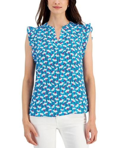 Anne Klein Floral Ruffle Sleeve Pullover Top - Blue