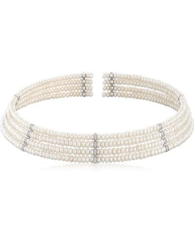 Ross-Simons Multi-row 4.5-5mm Cultured Pearl And . Diamond Choker Necklace With Sterling Silver - White