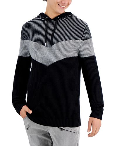 INC Hooded Stripes Hooded Sweater - Gray