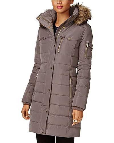 MICHAEL Michael Kors Flannel Down 3/4 Puffer Coat With Faux Fur And Hood - Brown