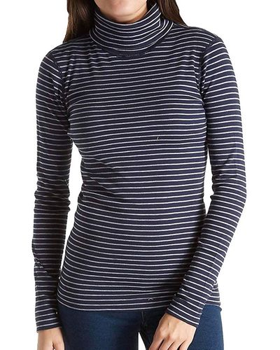 Three Dots Tahoe Stripe Diane Turtleneck Long Tight Shirt - Blue