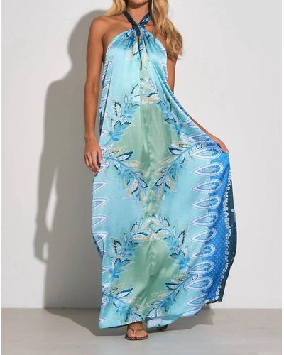 Elan Blue Bali Print Maxi Halter Dress