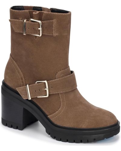 Kenneth Cole Rhode Heel Buckle Faux Leather Casual Ankle Boots - Brown
