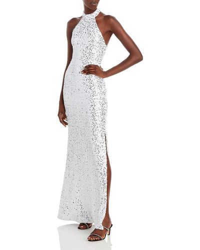 Aqua Sequined Halter Evening Dress - White