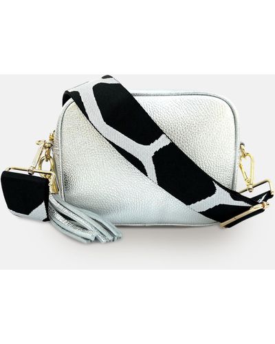 Apatchy London Silver Leather Crossbody Bag With Black & Giraffe Strap - White