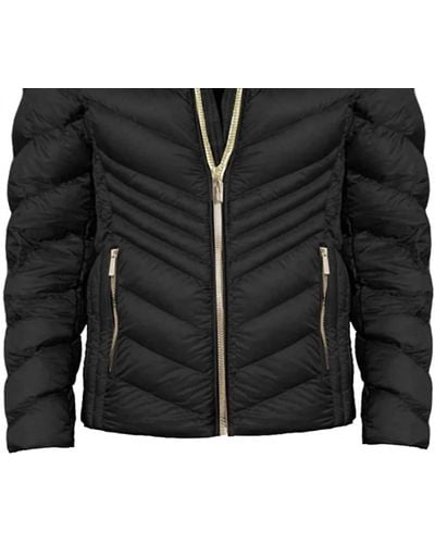 Michael Kors Chevron Double Layer Zipper 3/4 Hooded Packable Coat In Black
