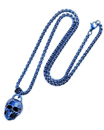Crucible Jewelry Crucible Los Angeles Stainless Steel 25mm Skull Necklace On 24 Inch 4mm Box Chain - Blue