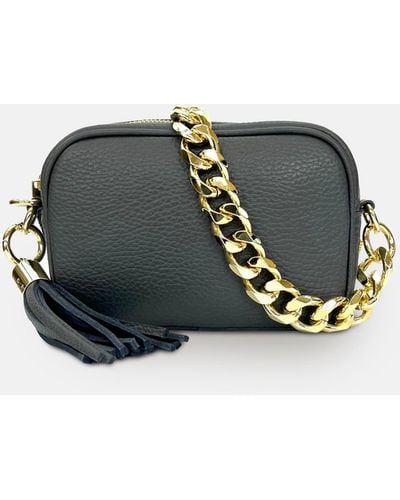 Apatchy London The Mini Tassel Dark Gray Leather Phone Bag With Gold Chain Strap - Black