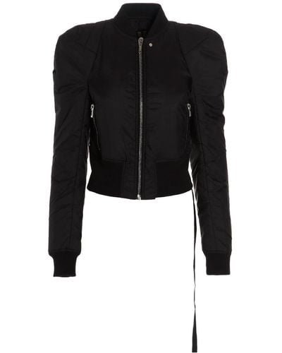 Rick Owens Cropped Zip Padded Bomber Jacket With Puff Shoulder And Side Zip - Black