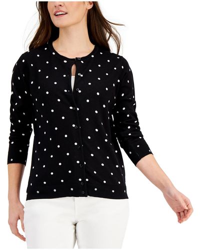 Karen Scott Petites Polka Dot Crewneck Cardigan Sweater - Black