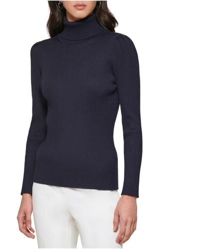 DKNY Ribbed Turtle Neck Pullover Sweater - Blue
