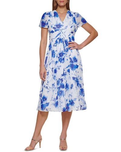 DKNY A-line Floral Fit & Flare Dress - Blue