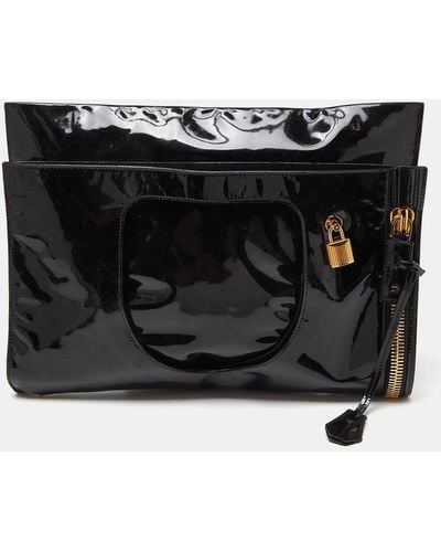 Tom Ford Patent Leather Alix Fold Over Oversize Clutch - Black