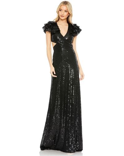 Mac Duggal Sequined Ruffled Cut Out Lace Up Gown - Black